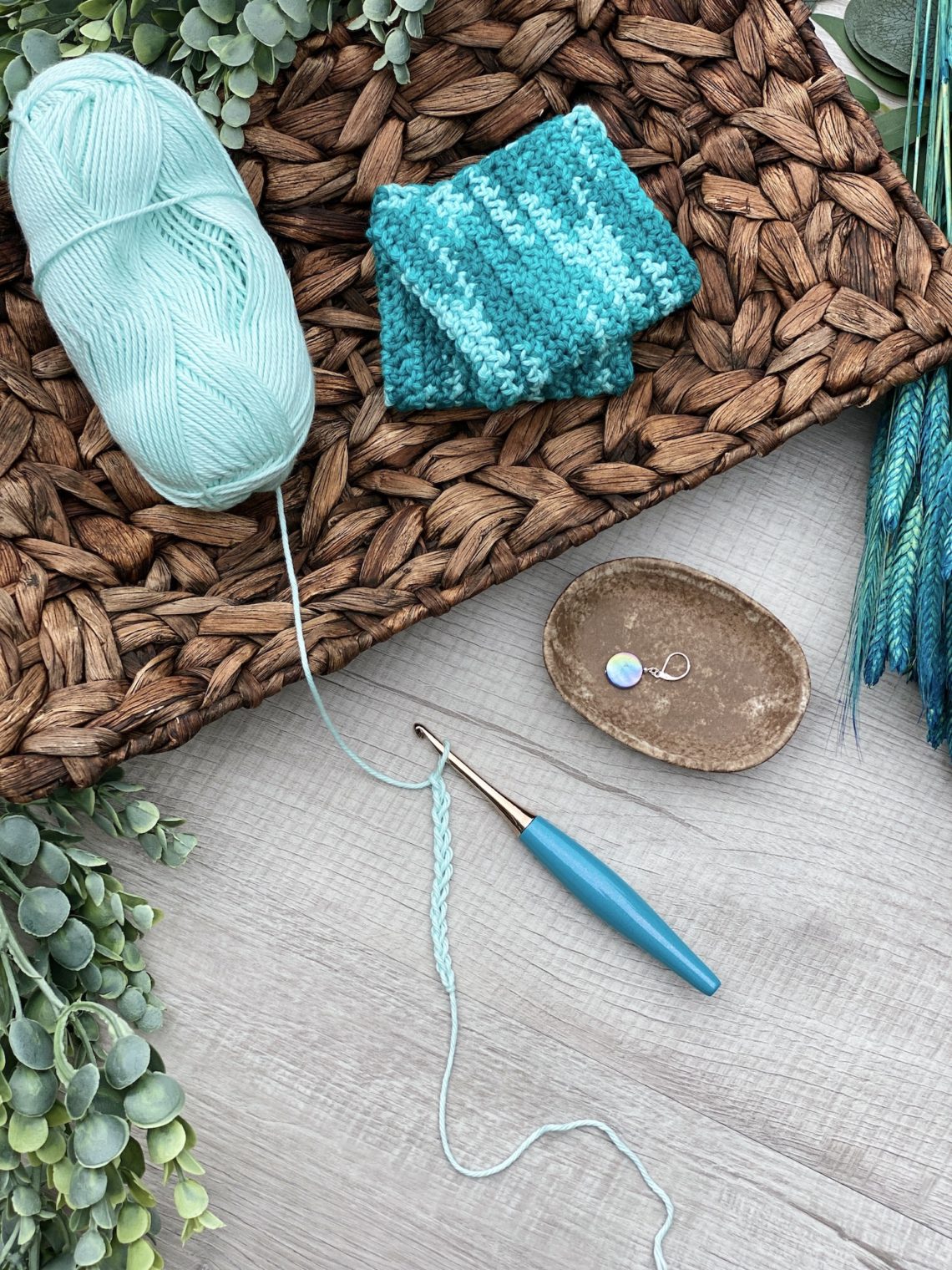 Crochet dish wash cloth set - Turquoise with Vanilla