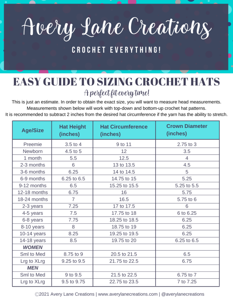 Crochet Bonnet Sizing Chart - Pattern Paradise